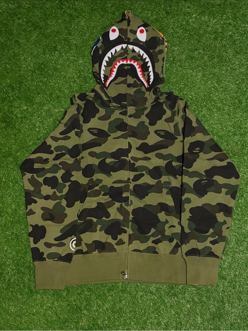 Men's Camo Zip-Up Hoodie with Shark-Print Hood - Olive